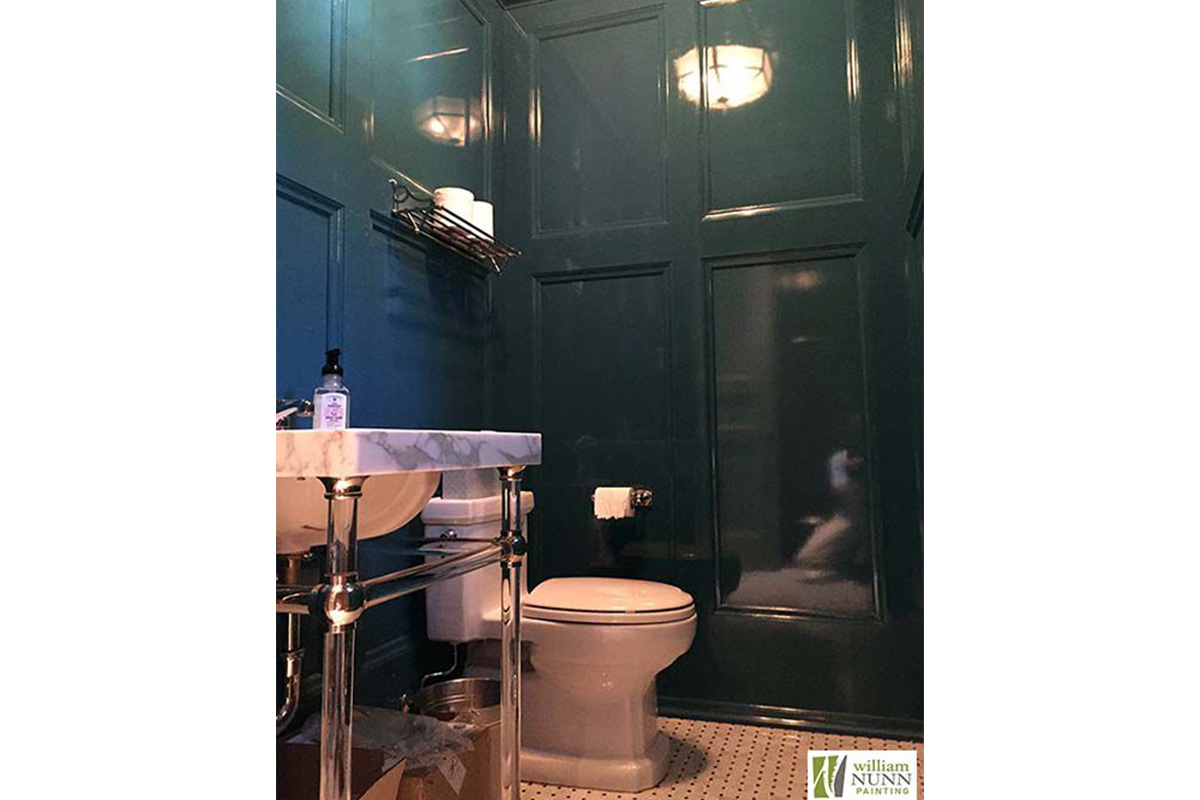 Fine Paints of Europe hith gloss wall finish creates a stunning bathroom