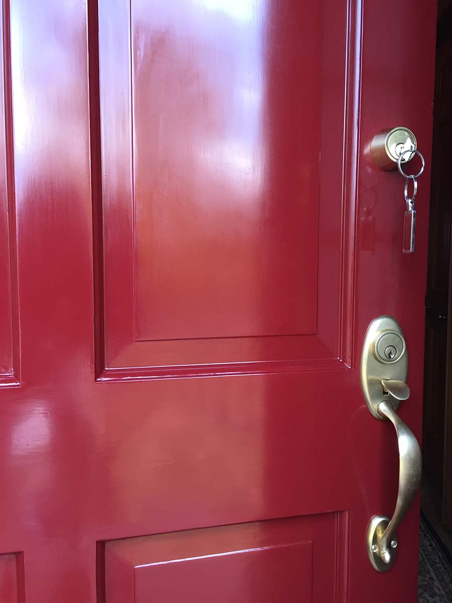 Exterior red front door in Fine Paints of Europe oil based enamel
