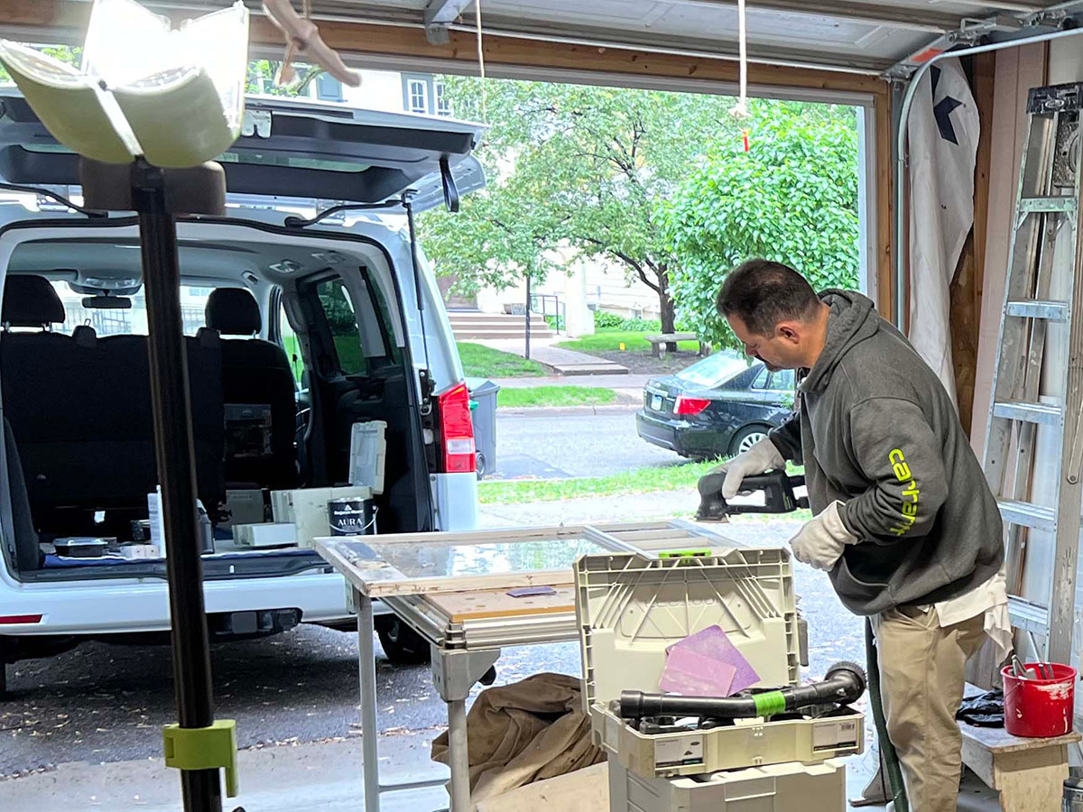 Exterior historic Linden Hill, MN home painting project - old windows restored